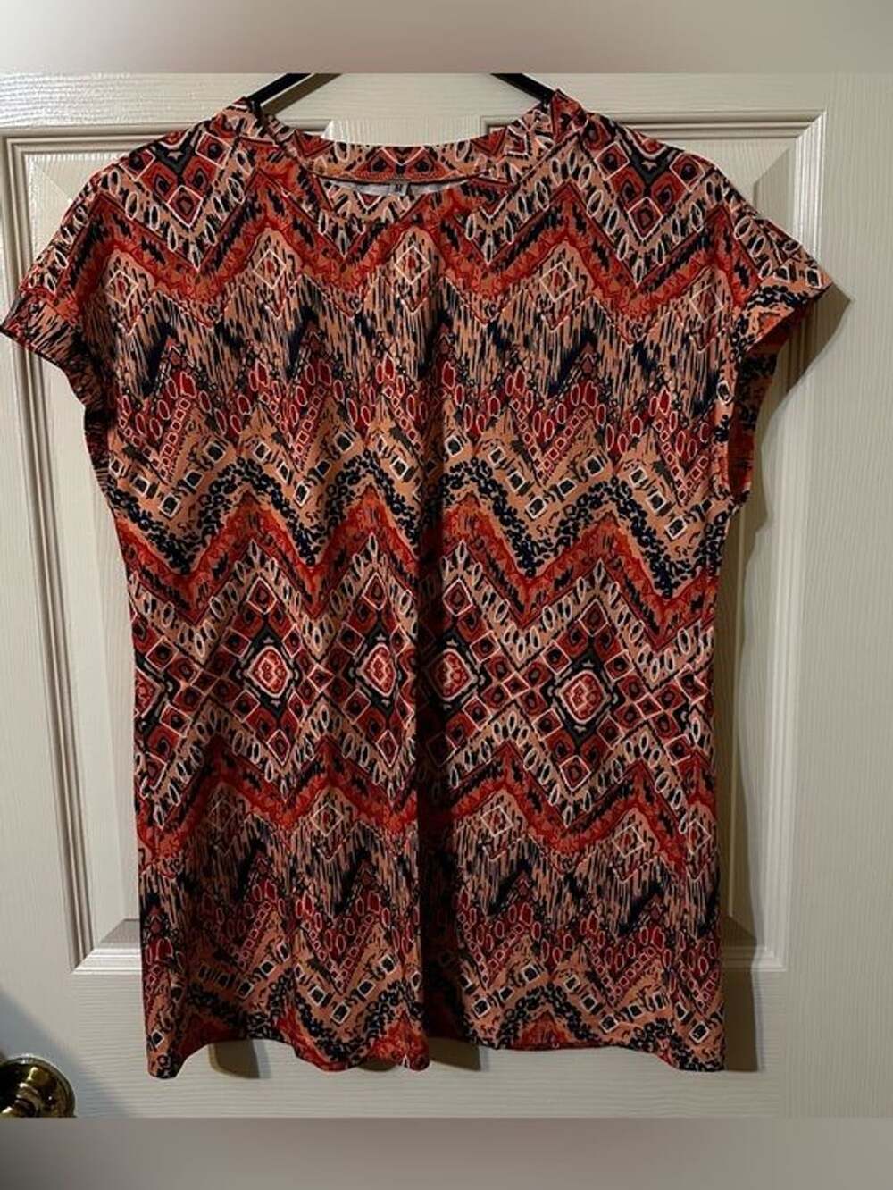 Printed Chevron Short-Sleeve Women's Top - Orange and Navy Blue